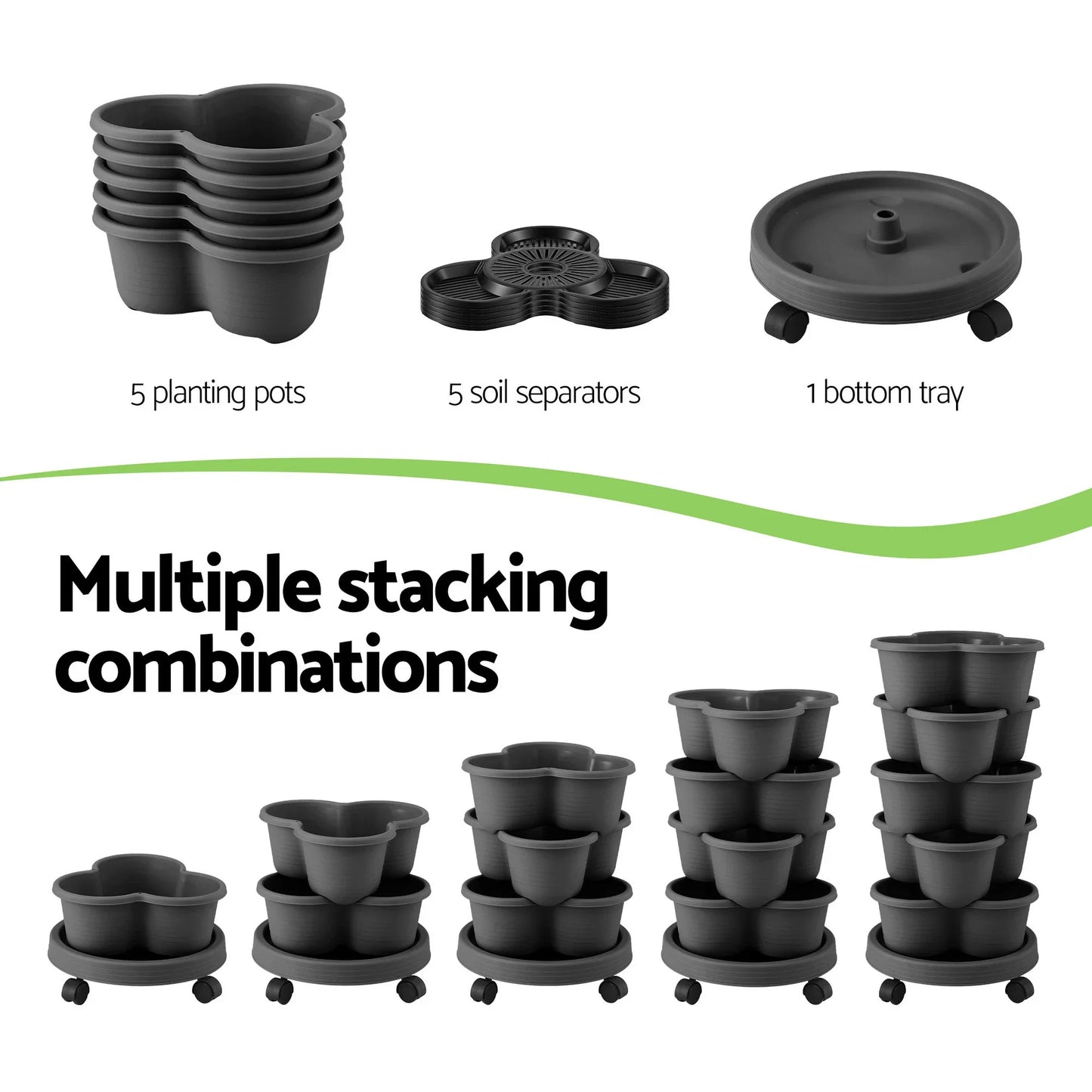Vertical Garden Planter 5 Tier Stackable 35x35x75cm 4 Wheels Black