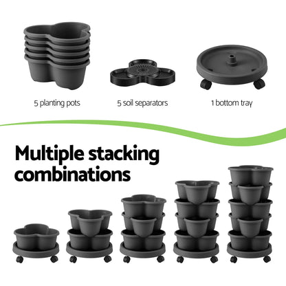 Vertical Garden Planter 5 Tier Stackable 35x35x75cm 4 Wheels Black