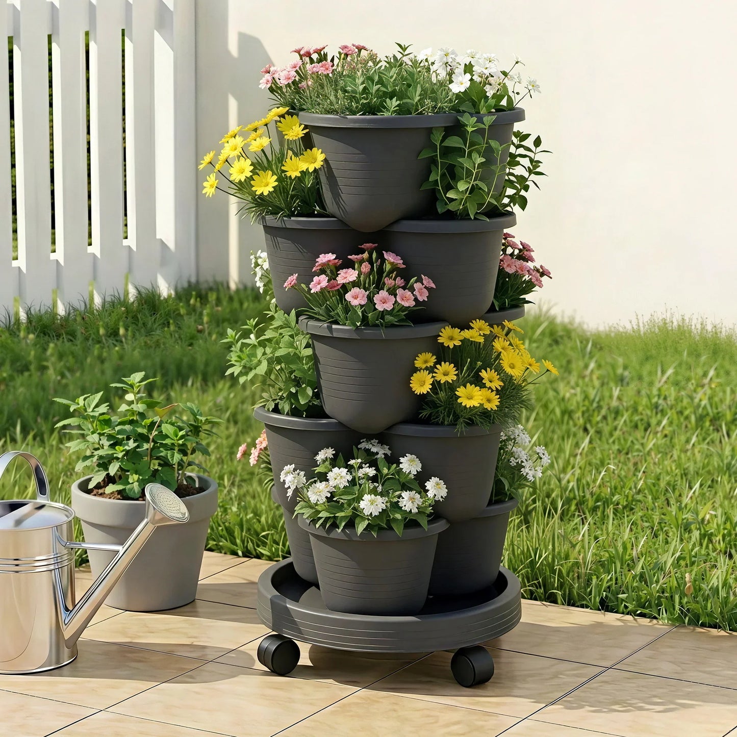 Vertical Garden Planter 5 Tier Stackable 35x35x75cm 4 Wheels Black
