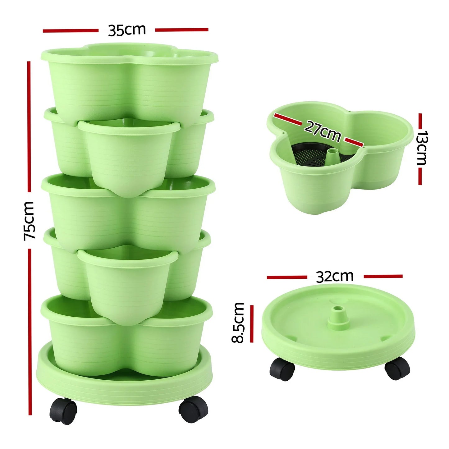Vertical Garden Planter 5 Tier Stackable 35x35x75cm Wheels Light Green