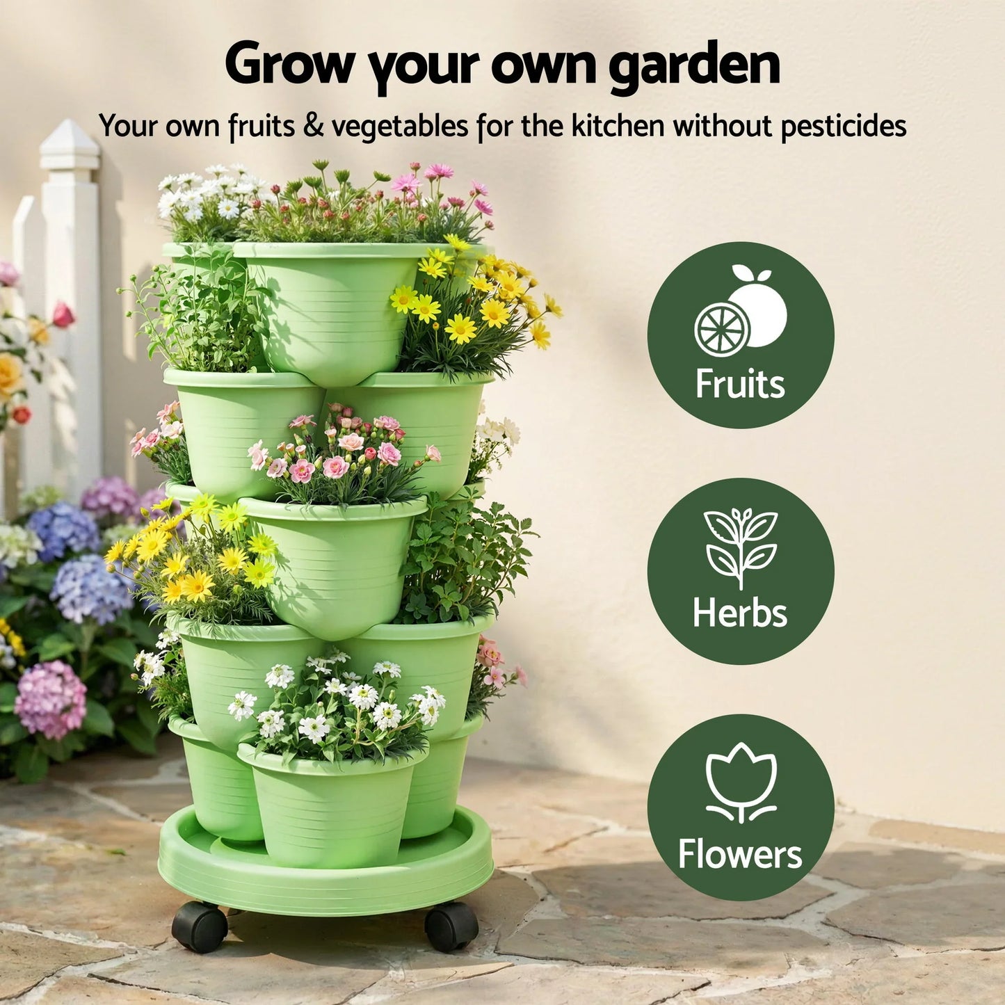 Vertical Garden Planter 5 Tier Stackable 35x35x75cm Wheels Light Green