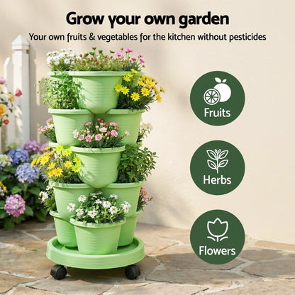 Vertical Garden Planter 5 Tier Stackable 35x35x75cm Wheels Light Green