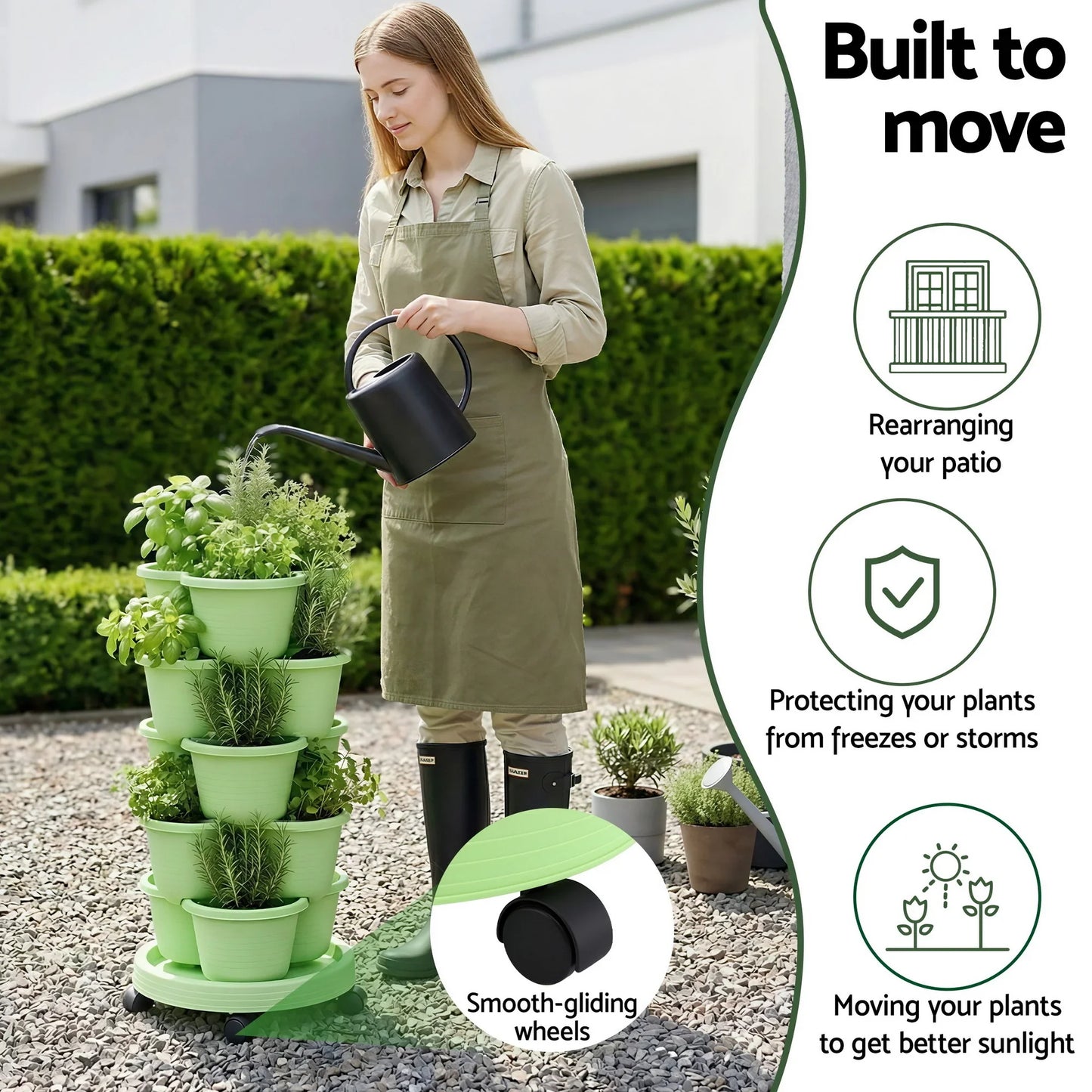 Vertical Garden Planter 5 Tier Stackable 35x35x75cm Wheels Light Green