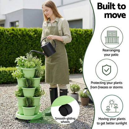Vertical Garden Planter 5 Tier Stackable 35x35x75cm Wheels Light Green