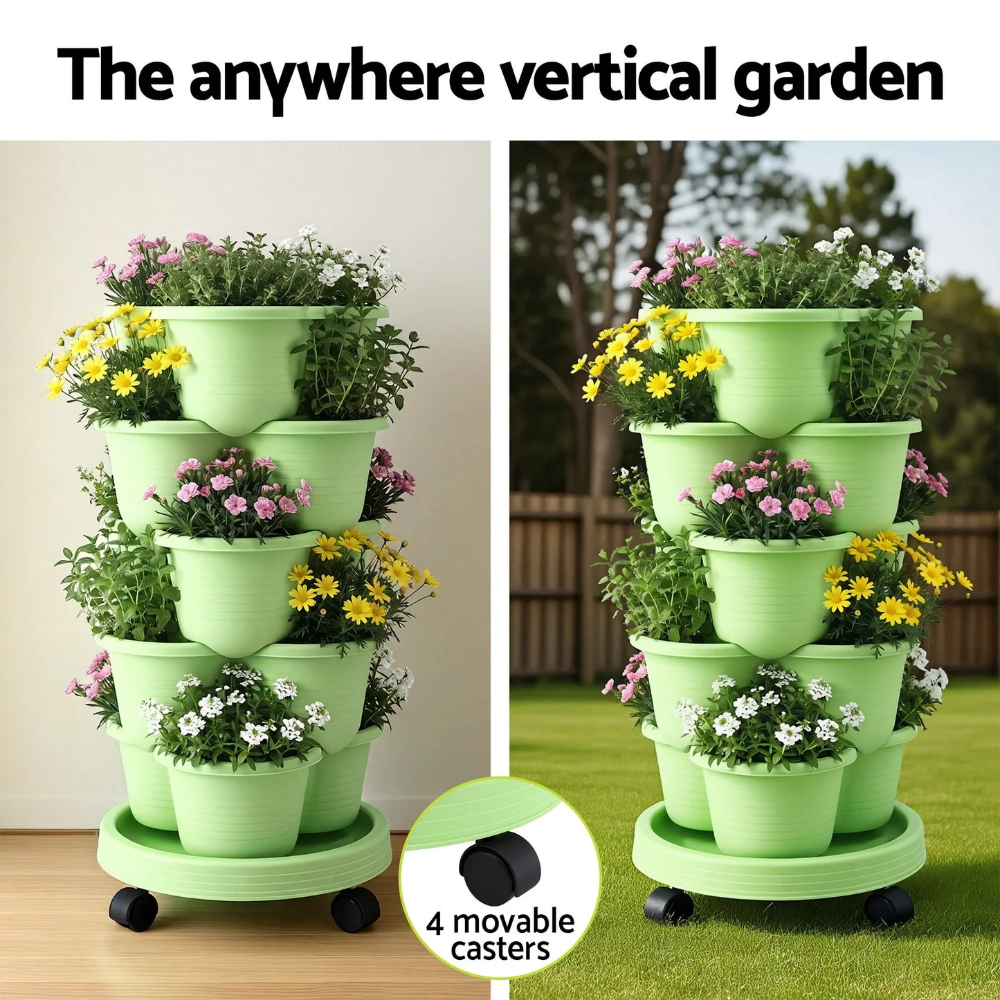 Vertical Garden Planter 5 Tier Stackable 35x35x75cm Wheels Light Green