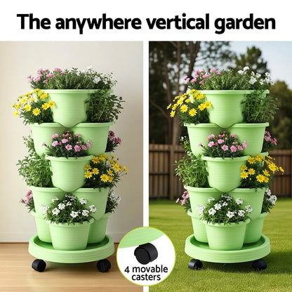 Vertical Garden Planter 5 Tier Stackable 35x35x75cm Wheels Light Green