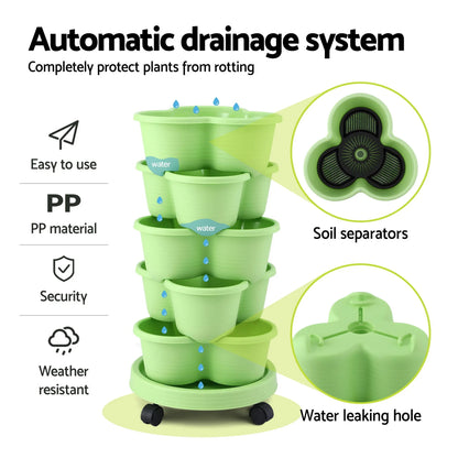 Vertical Garden Planter 5 Tier Stackable 35x35x75cm Wheels Light Green