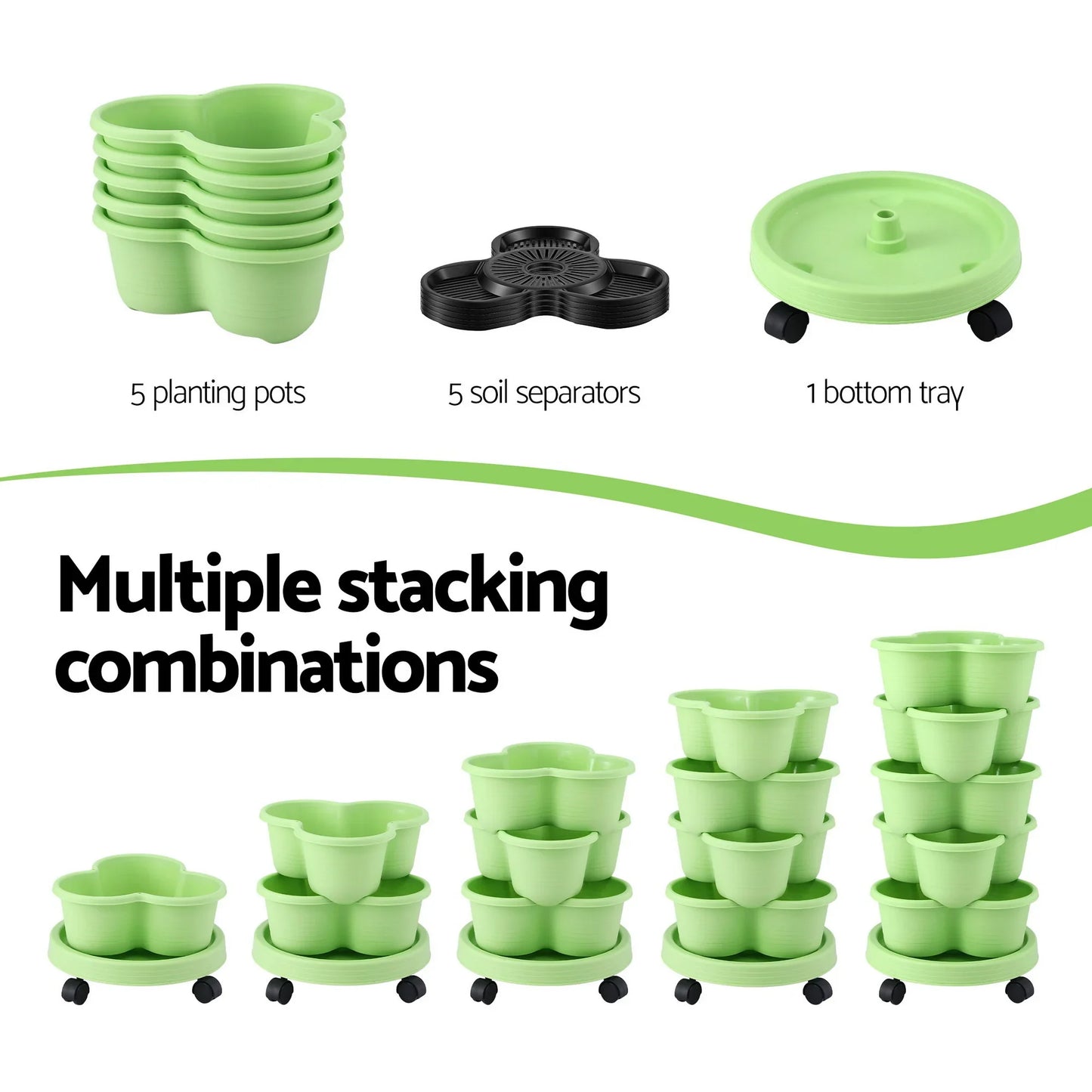 Vertical Garden Planter 5 Tier Stackable 35x35x75cm Wheels Light Green
