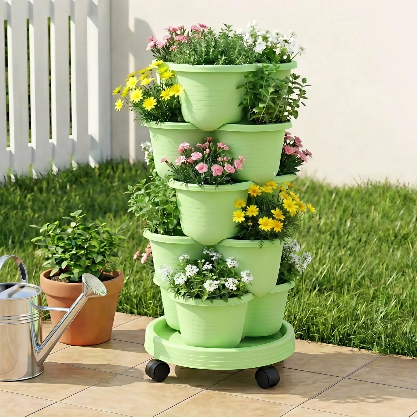 Vertical Garden Planter 5 Tier Stackable 35x35x75cm Wheels Light Green