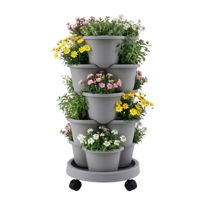 Vertical Garden Planter 5 Tier Stackable 35x35x75cm 4 Wheels Grey