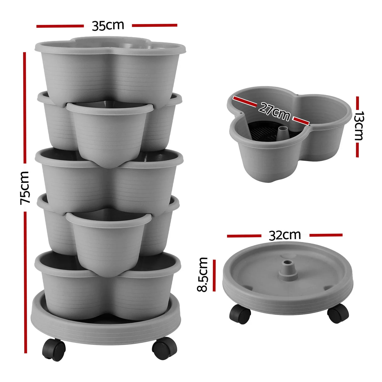 Vertical Garden Planter 5 Tier Stackable 35x35x75cm 4 Wheels Grey