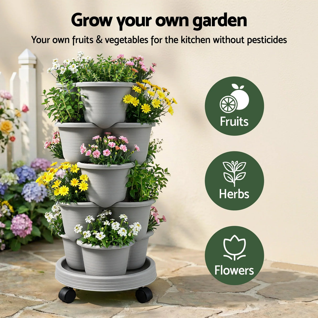 Vertical Garden Planter 5 Tier Stackable 35x35x75cm 4 Wheels Grey