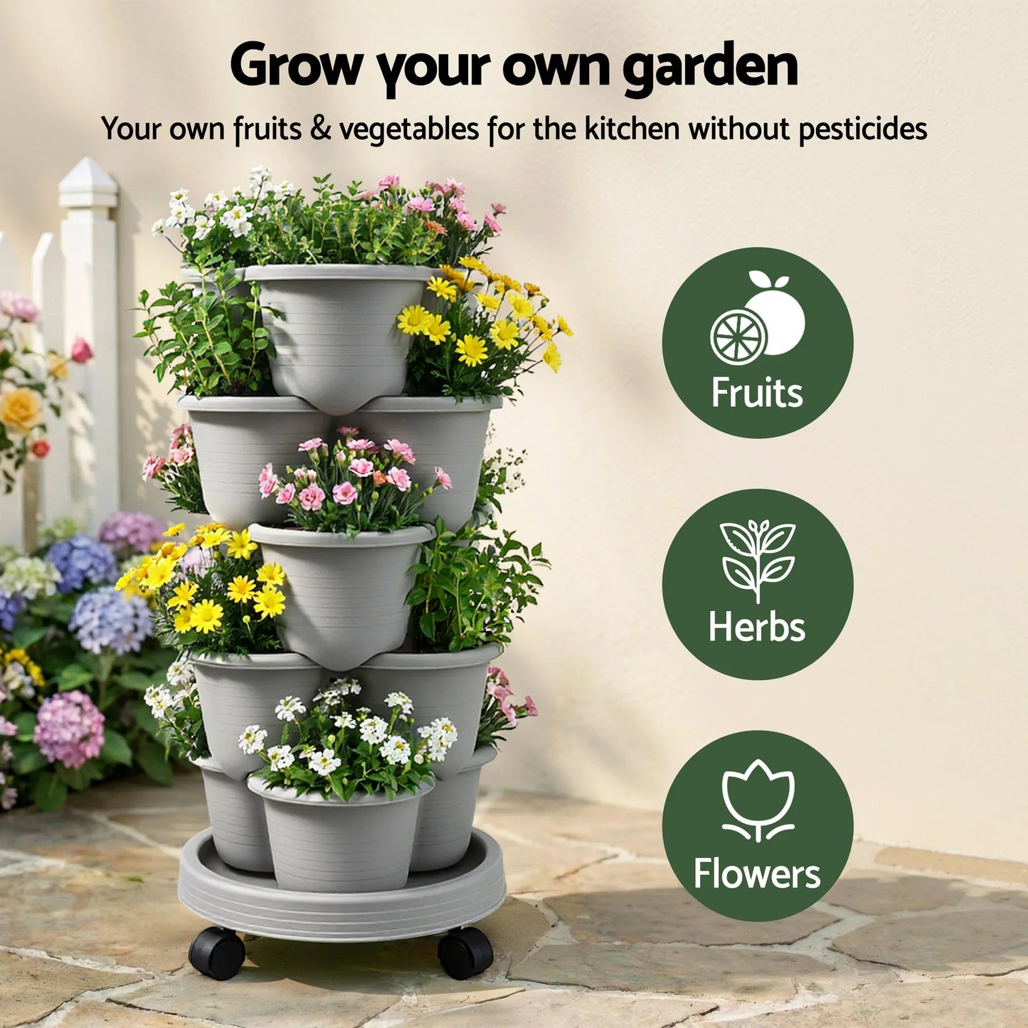 Vertical Garden Planter 5 Tier Stackable 35x35x75cm 4 Wheels Grey