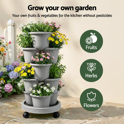 Vertical Garden Planter 5 Tier Stackable 35x35x75cm 4 Wheels Grey