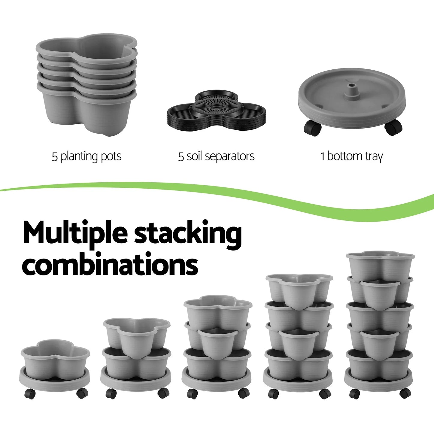 Vertical Garden Planter 5 Tier Stackable 35x35x75cm 4 Wheels Grey