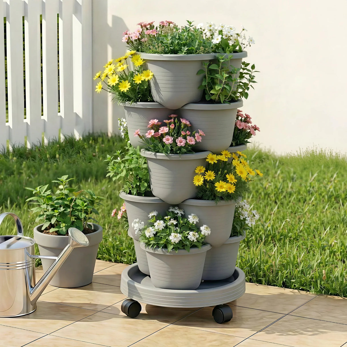 Vertical Garden Planter 5 Tier Stackable 35x35x75cm 4 Wheels Grey