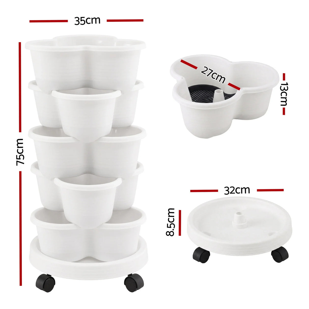Vertical Garden Planter 5 Tier Stackable 35x35x75cm Wheels White