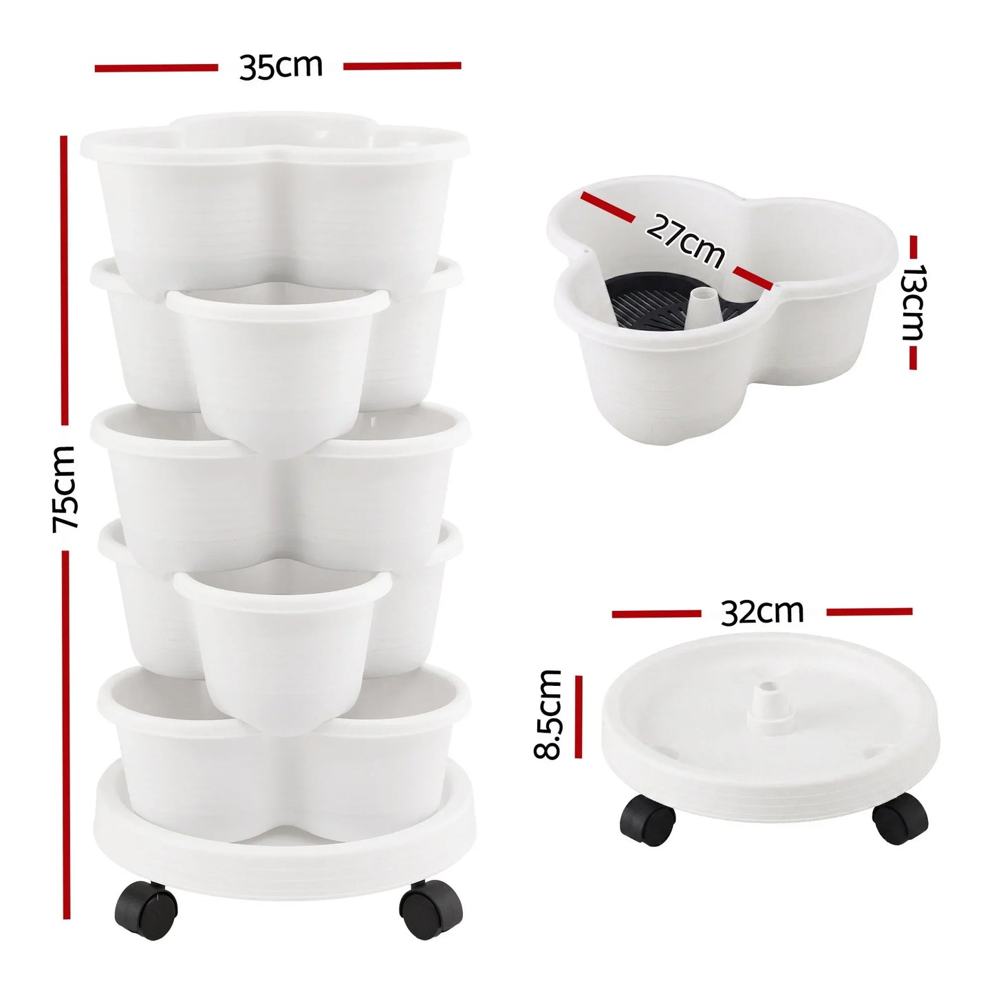 Vertical Garden Planter 5 Tier Stackable 35x35x75cm Wheels White
