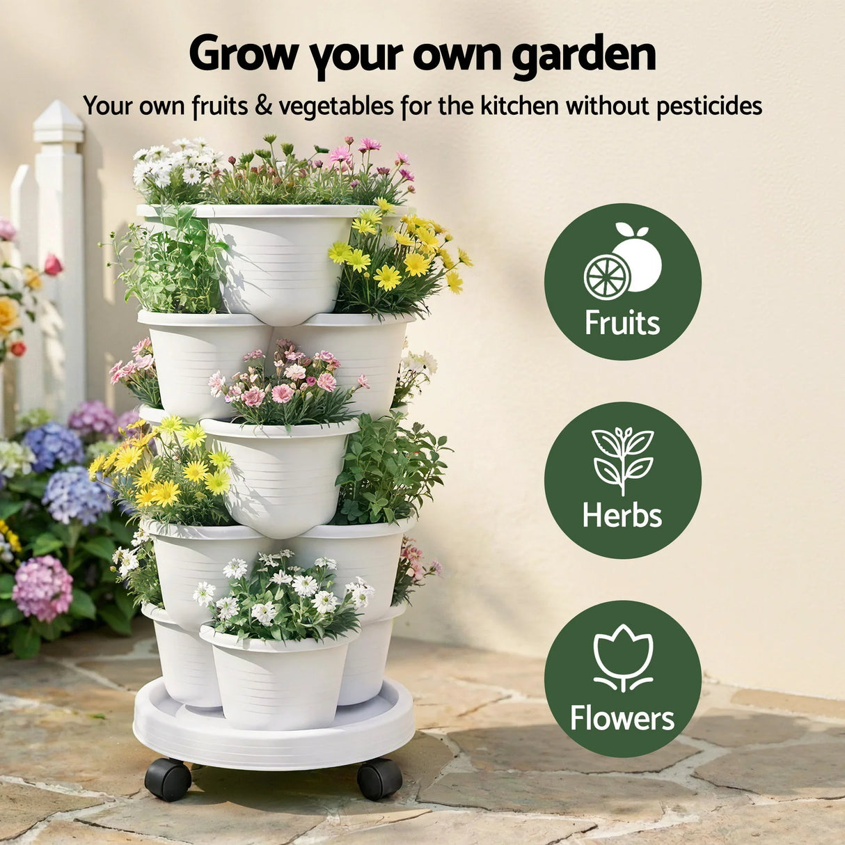 Vertical Garden Planter 5 Tier Stackable 35x35x75cm Wheels White