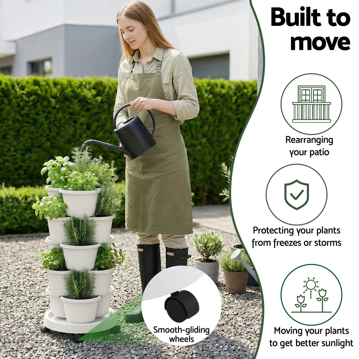 Vertical Garden Planter 5 Tier Stackable 35x35x75cm Wheels White