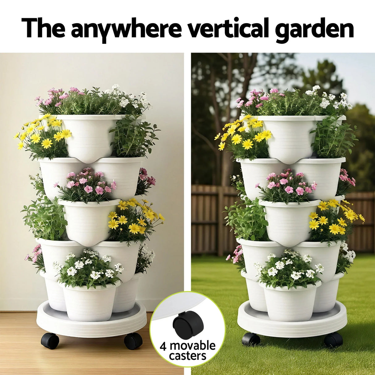 Vertical Garden Planter 5 Tier Stackable 35x35x75cm Wheels White