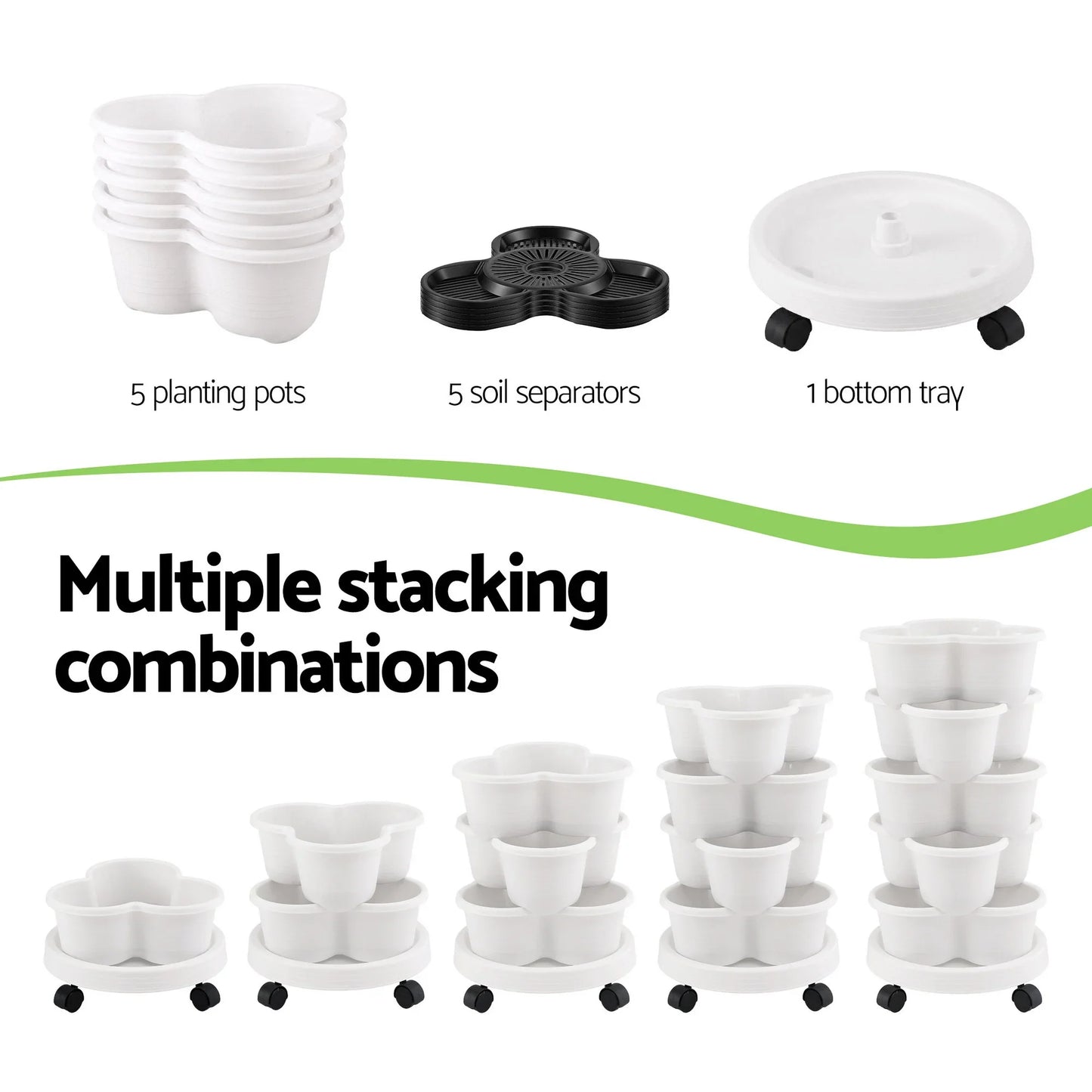 Vertical Garden Planter 5 Tier Stackable 35x35x75cm Wheels White