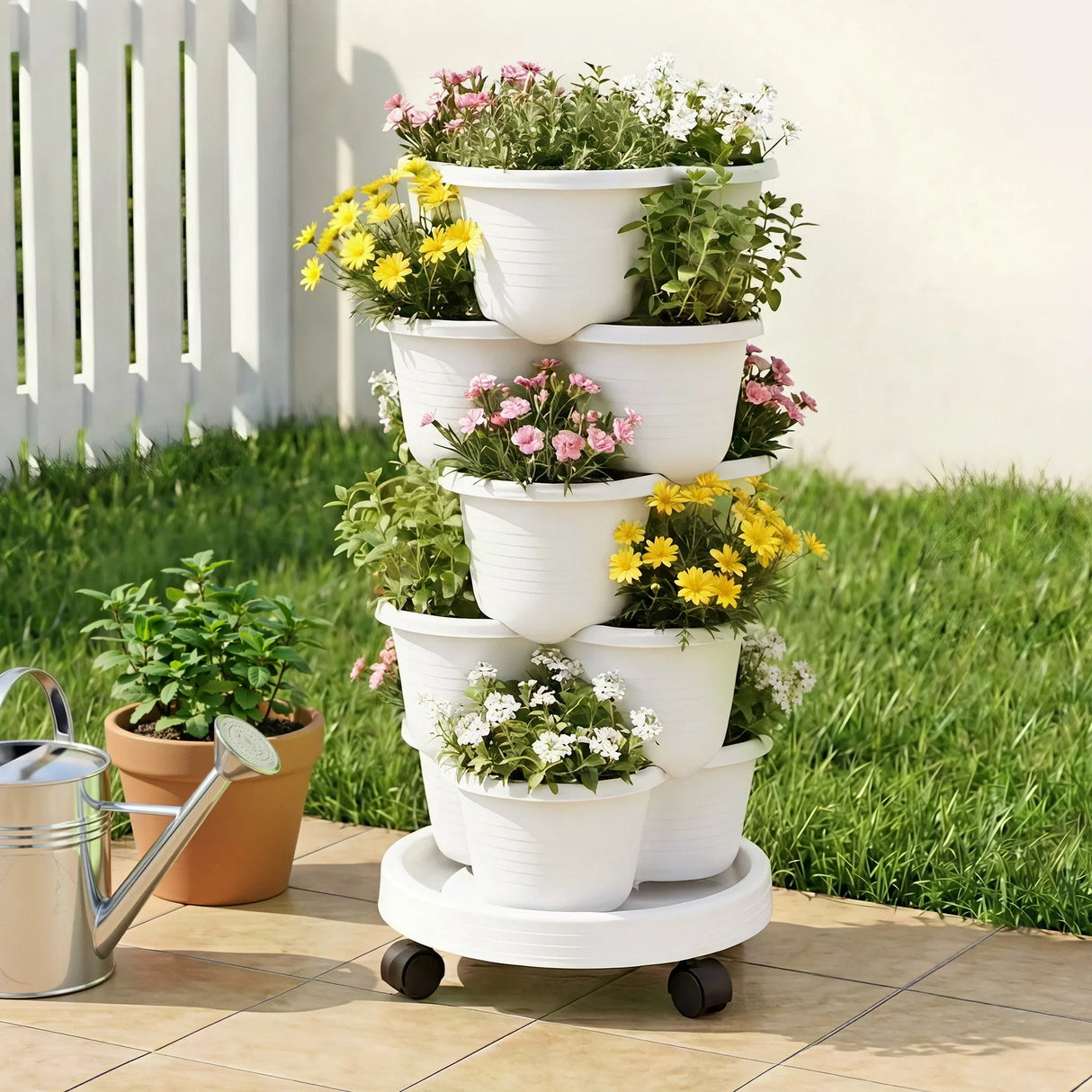 Vertical Garden Planter 5 Tier Stackable 35x35x75cm Wheels White