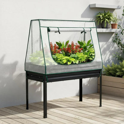 Green Fingers Elevated Metal Garden Bed Kit w Mini Greenhouse Cover 116x60cm