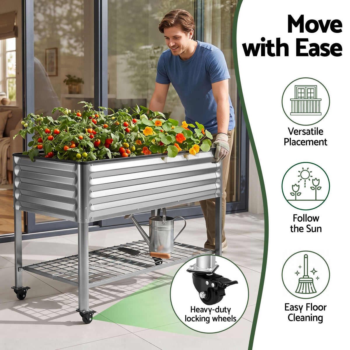Green Fingers Mobile Raised Garden Bed with Wheels Storage Shelf 81cm Height for Vegetables Herb Silver