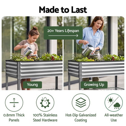 Green Fingers Mobile Raised Garden Bed with Wheels Storage Shelf 81cm Height for Vegetables Herb Silver