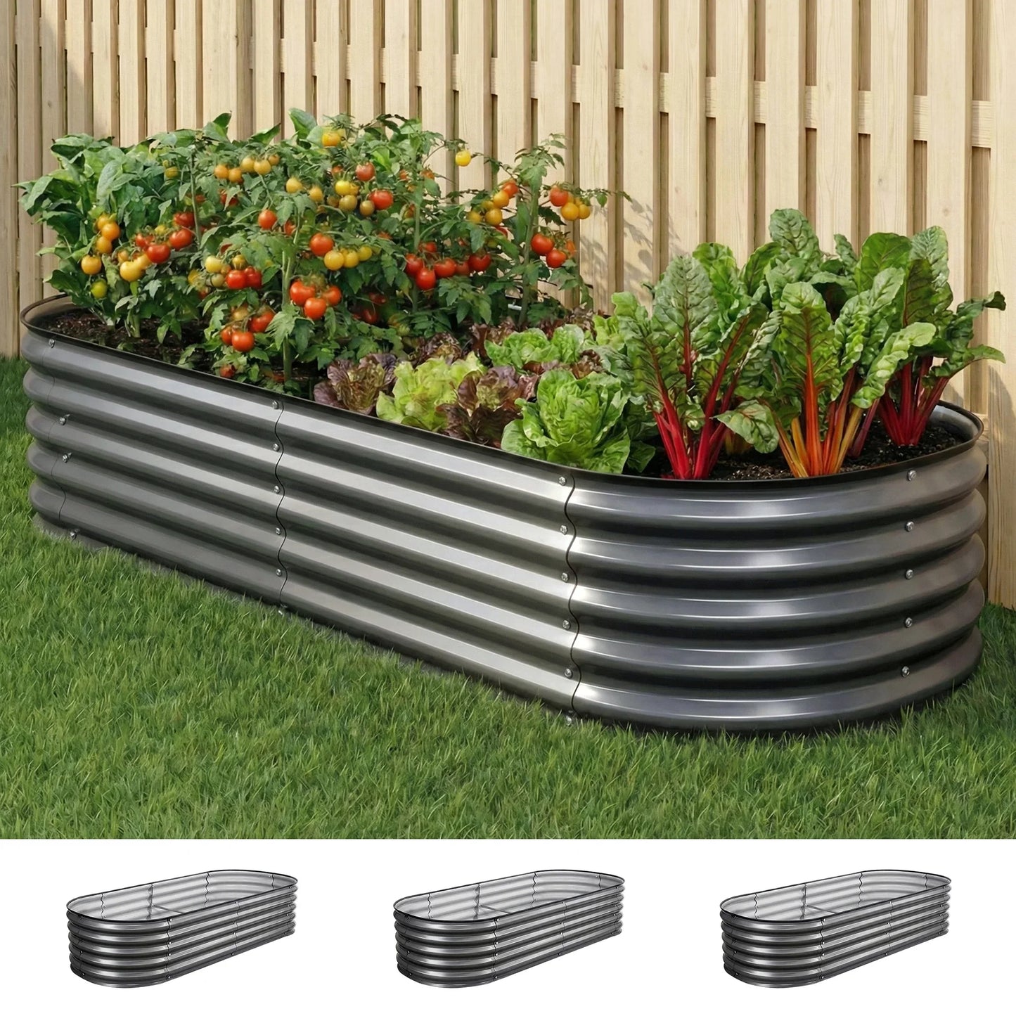 Raised Garden Bed 3pcs Oval 160x80x42cm Galvanized Steel - Green Fingers