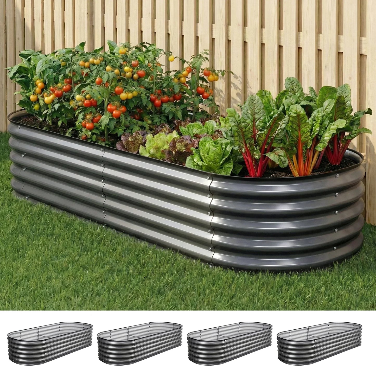 Raised Garden Bed 4pcs Oval 160x80x42cm Galvanized Steel - Green Fingers