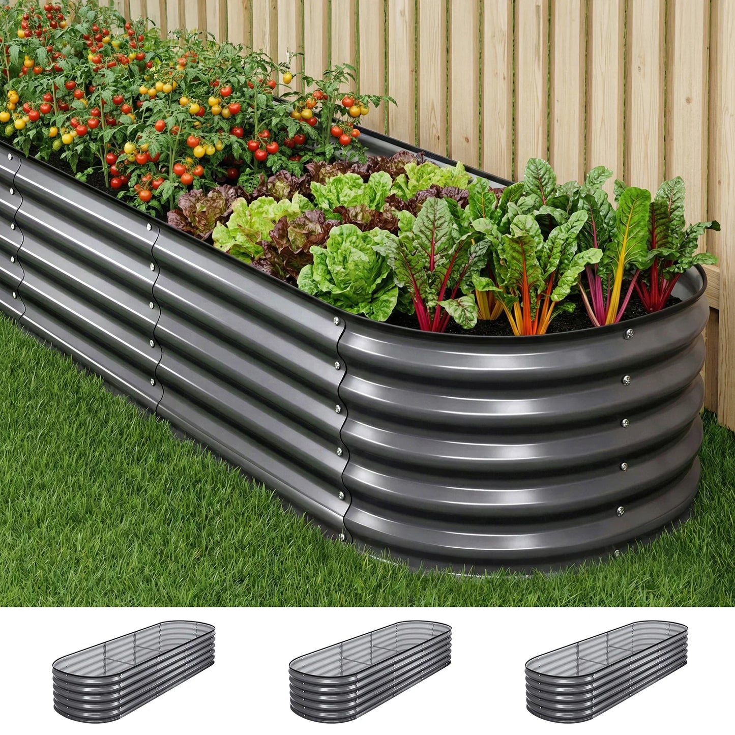 Raised Garden Bed 3pcs Oval 240x80x42cm Galvanized Steel - Green Fingers