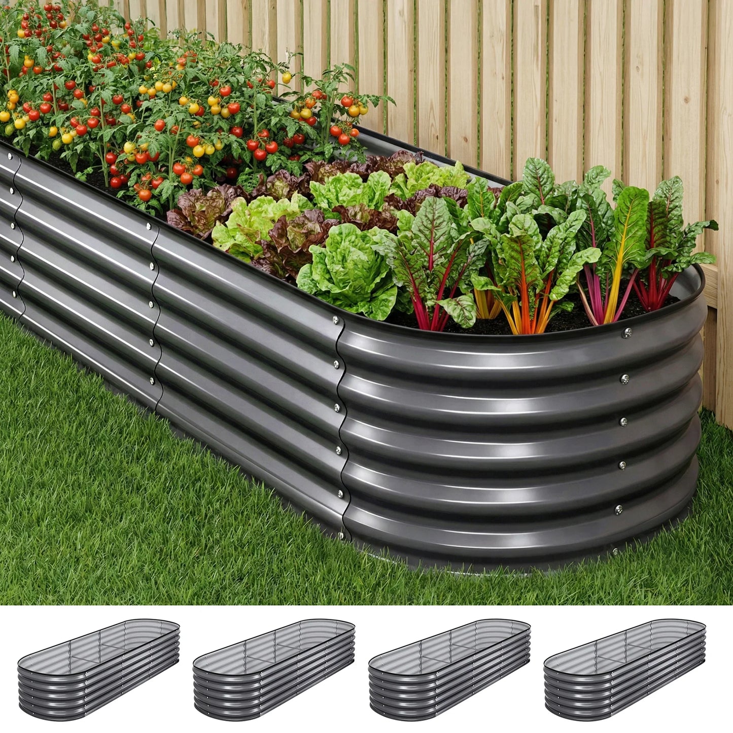 Raised Garden Bed 4pcs Oval 240x80x42cm Galvanized Steel - Green Fingers