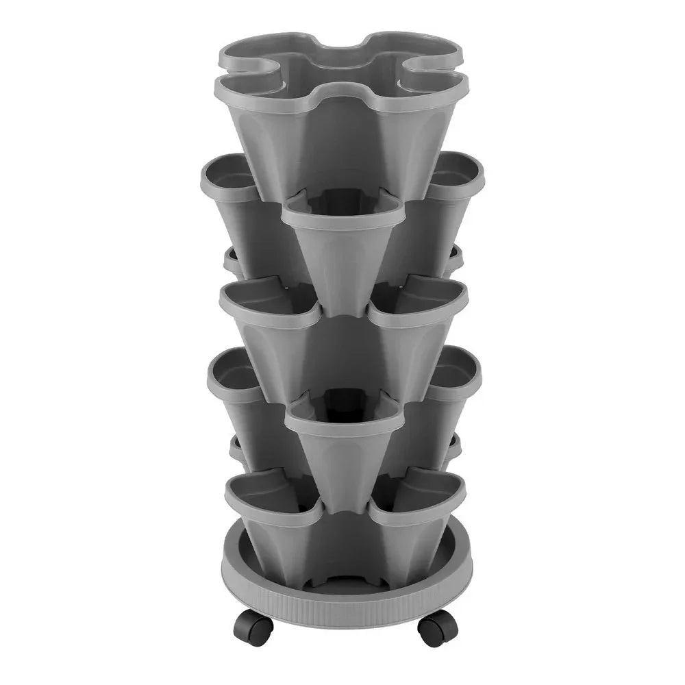 Green Fingers Raised Garden Bed 5 Tier Vertical Garden Grey Strawberry Stackable Planters Herbs Petunias