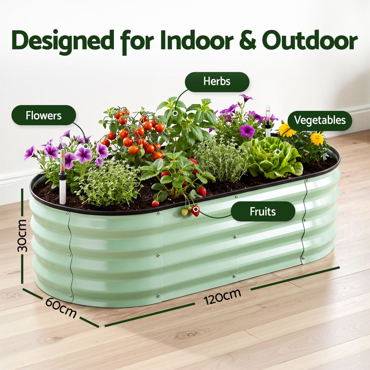 Oval galvanised steel planter with a black rubber rim, rustproof coated