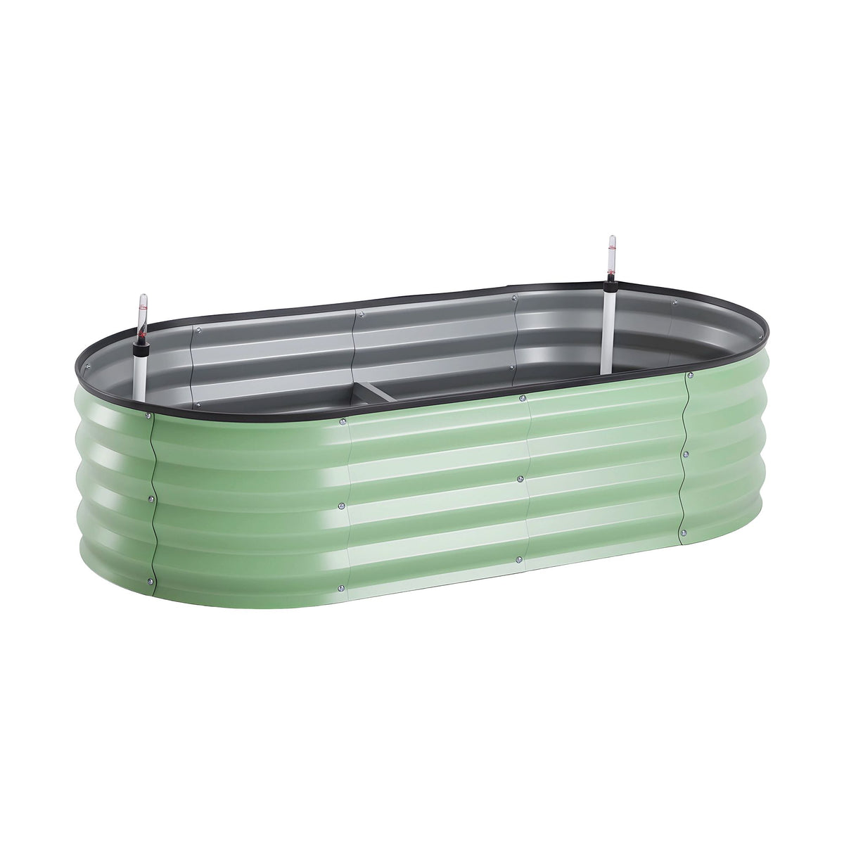 Green oval raised garden bed with a water reservoir base tray