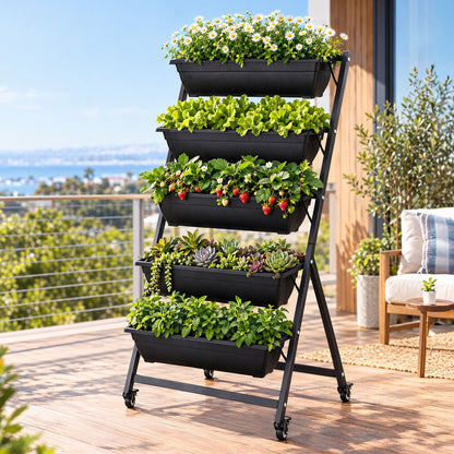Green Fingers 5 tier vertical raised garden bed in black with stepped planter boxes