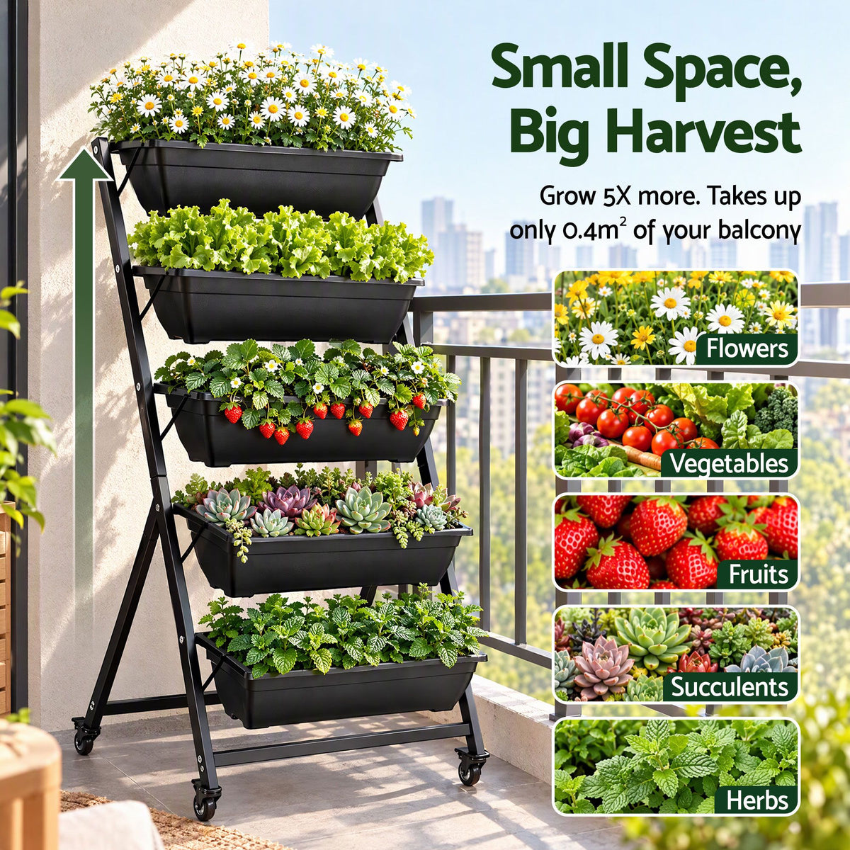 Vertical garden planter measuring 66cm x 66cm x 130cm overall for balconies and small patios