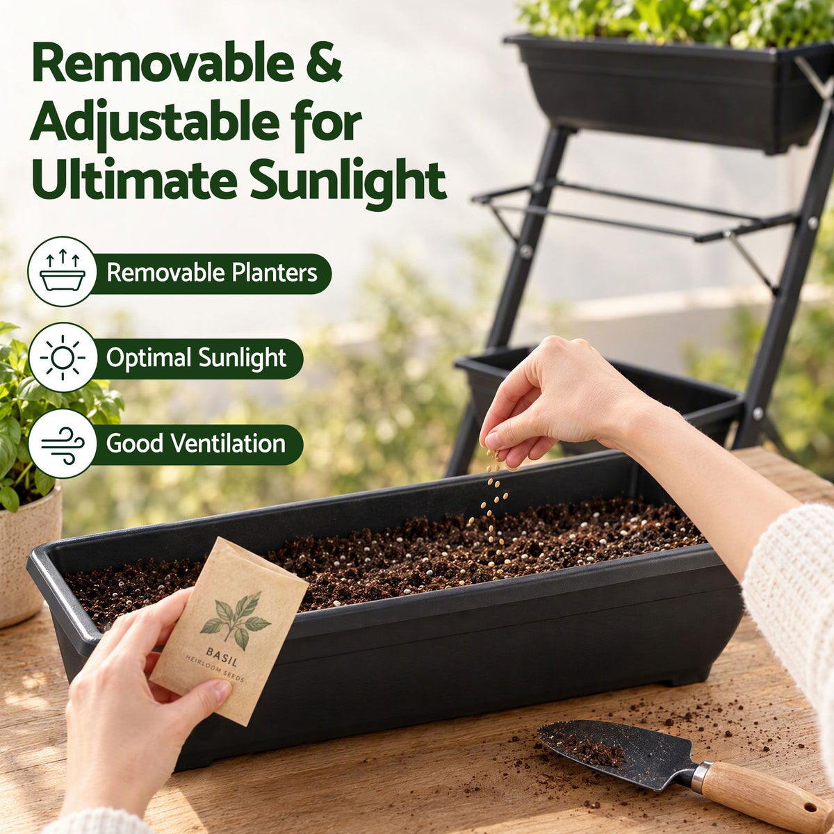 Five removable PP planter trays that lift out individually for refilling and replanting