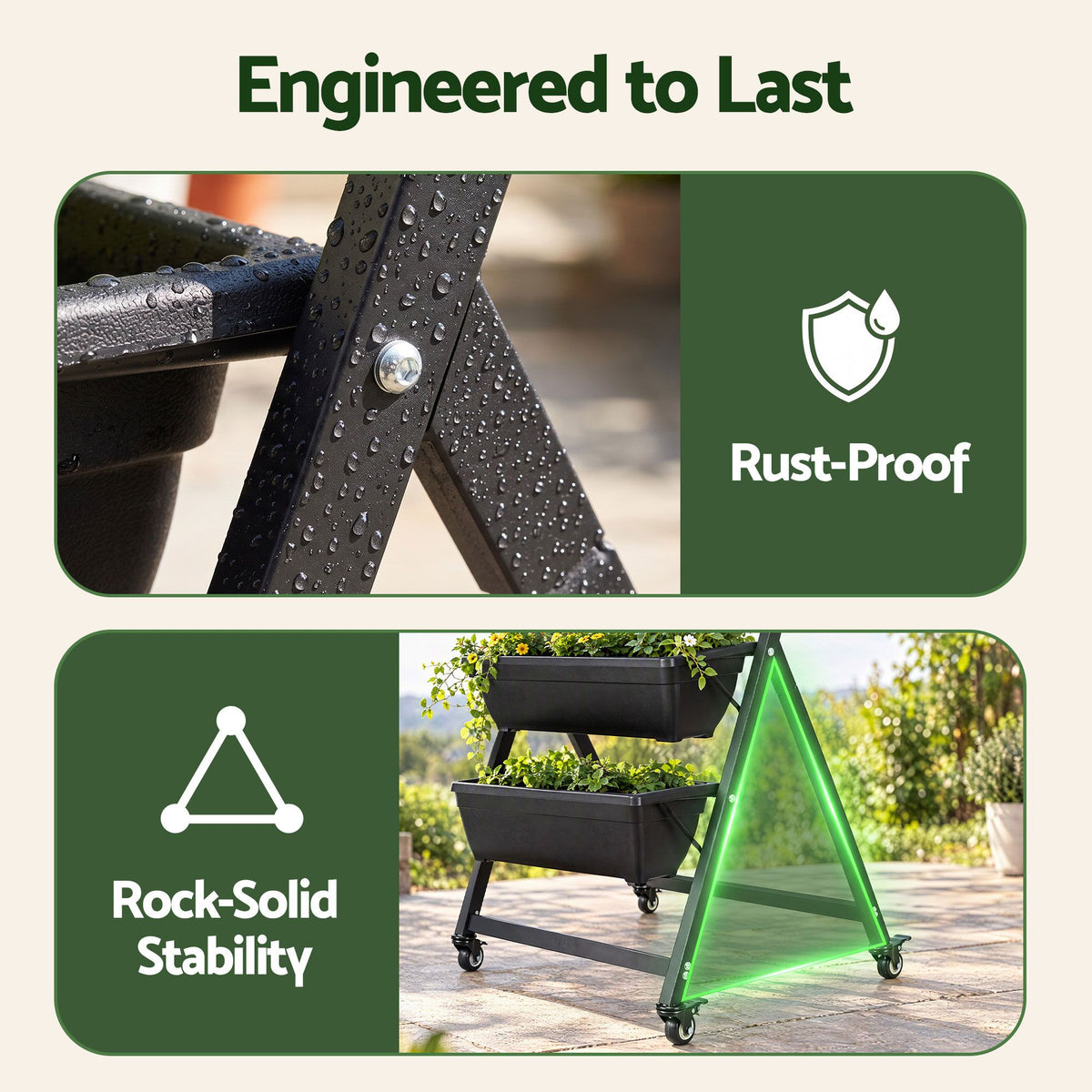 Stepped tier layout at an ergonomic height for planting without bending or kneeling