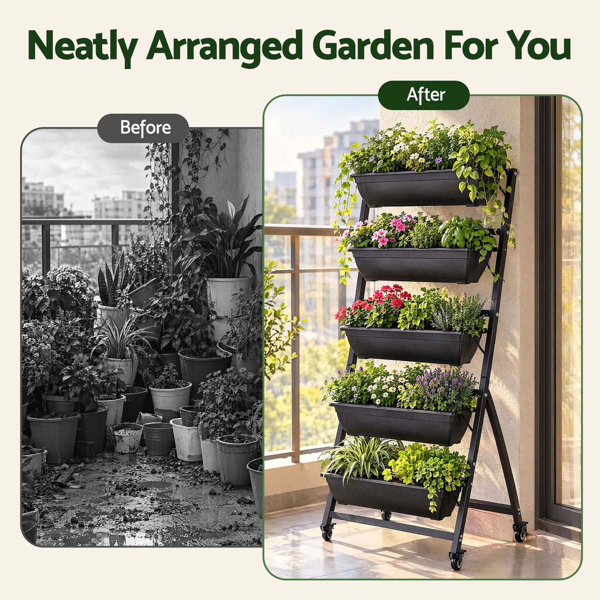 Space-saving vertical planter for flowers, vegetables, fruit, succulents and herbs