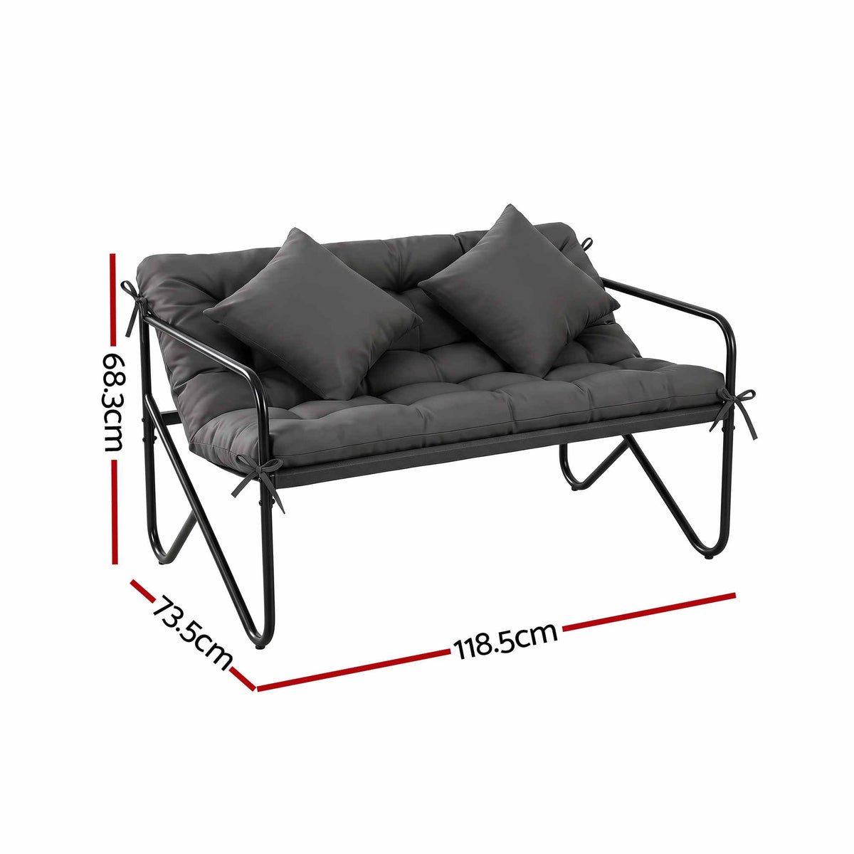 Gardeon Garden Bench 2 Seater Outdoor Bench Metal with Cushion 118cm Black Frame Grey Cushion