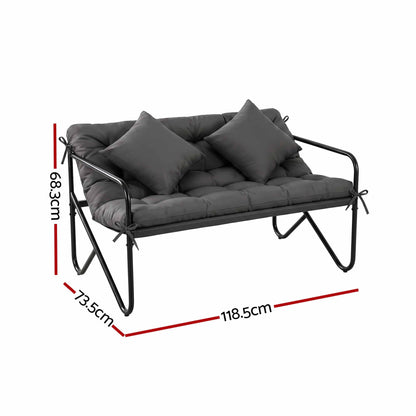 Gardeon Garden Bench 2 Seater Outdoor Bench Metal with Cushion 118cm Black Frame Grey Cushion