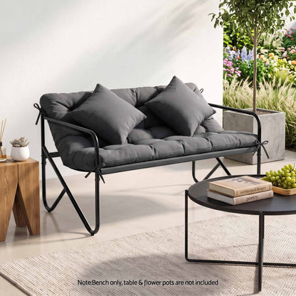 Gardeon Garden Bench 2 Seater Outdoor Bench Metal with Cushion 118cm Black Frame Grey Cushion
