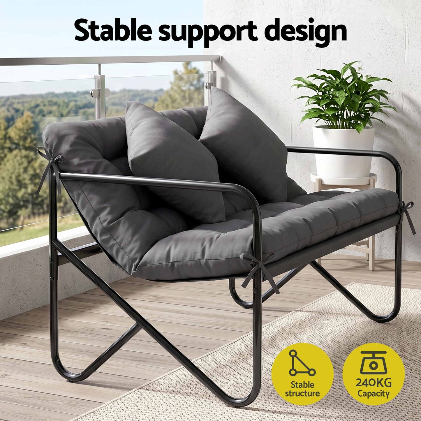 Gardeon Garden Bench 2 Seater Outdoor Bench Metal with Cushion 118cm Black Frame Grey Cushion