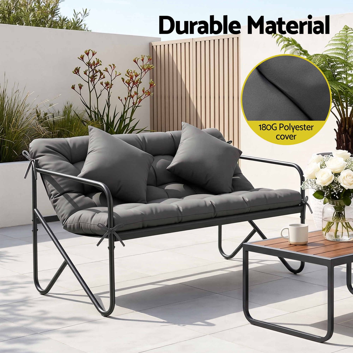Gardeon Garden Bench 2 Seater Outdoor Bench Metal with Cushion 118cm Black Frame Grey Cushion