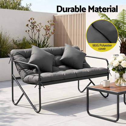 Gardeon Garden Bench 2 Seater Outdoor Bench Metal with Cushion 118cm Black Frame Grey Cushion