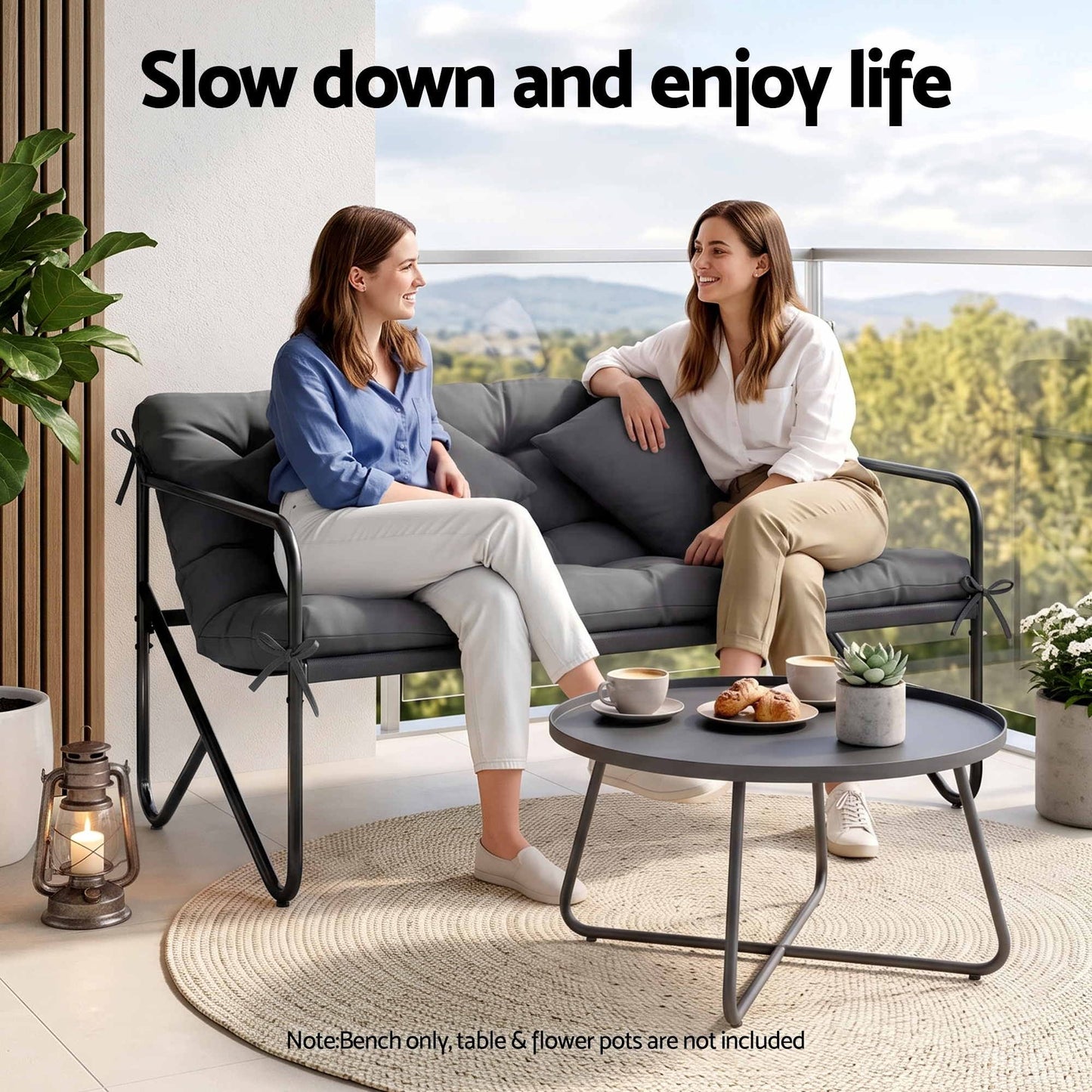 Gardeon Garden Bench 2 Seater Outdoor Bench Metal with Cushion 118cm Black Frame Grey Cushion