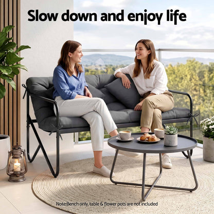 Gardeon Garden Bench 2 Seater Outdoor Bench Metal with Cushion 118cm Black Frame Grey Cushion